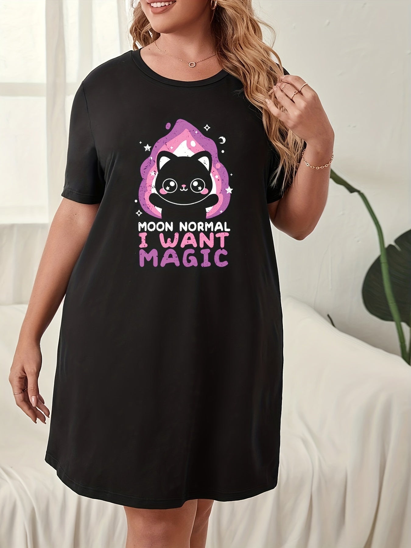  Casual Lounge Dress Women's Plus Cat & Slogan Print Short Sleeve