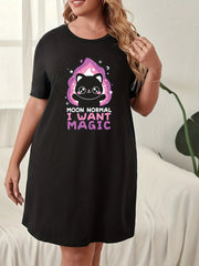  Casual Lounge Dress Women's Plus Cat & Slogan Print Short Sleeve