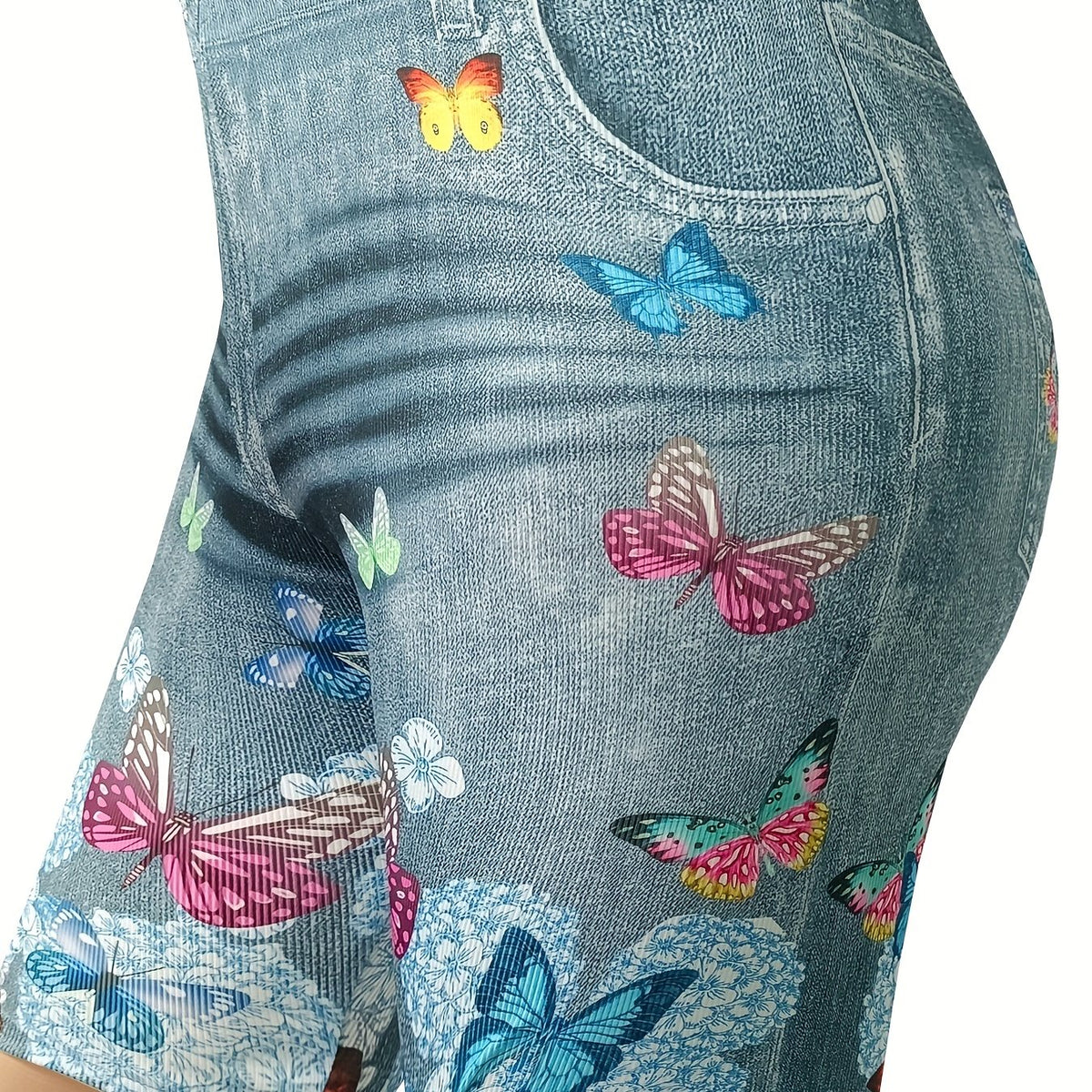 Plus Denim & Butterfly Print High Rise Skinny Slight Stretch Shorts