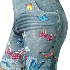 Plus Denim & Butterfly Print High Rise Skinny Slight Stretch Shorts