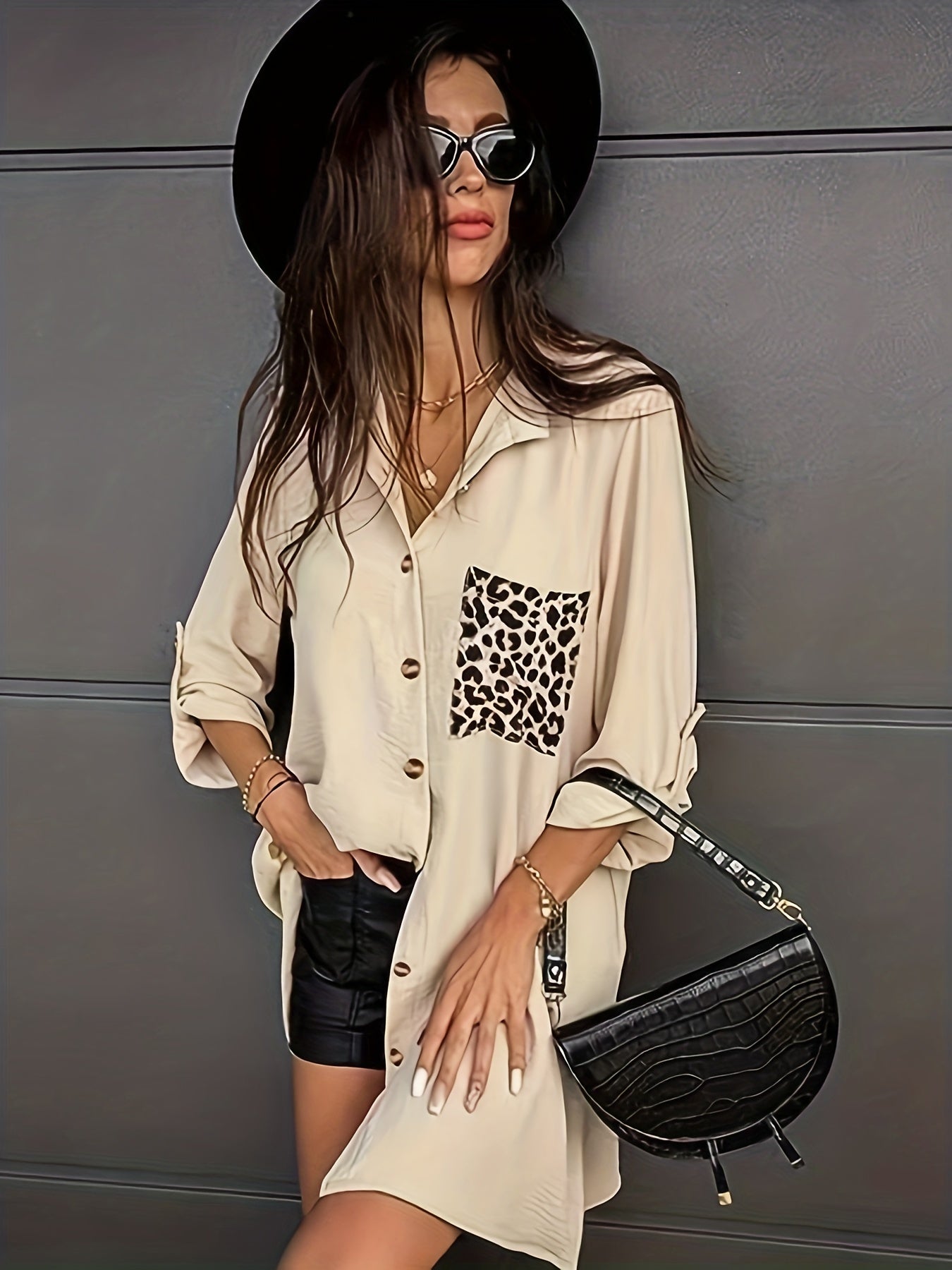  Colorblock Leopard Print Button Up Roll Up Sleeve Blouse