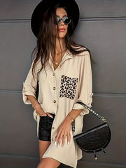  Colorblock Leopard Print Button Up Roll Up Sleeve Blouse