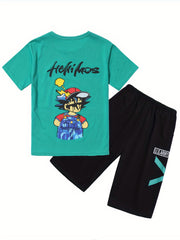 Boys Cartoon & Letter TShirt Set Round Neck Tees Top & Elastic Waist Shorts