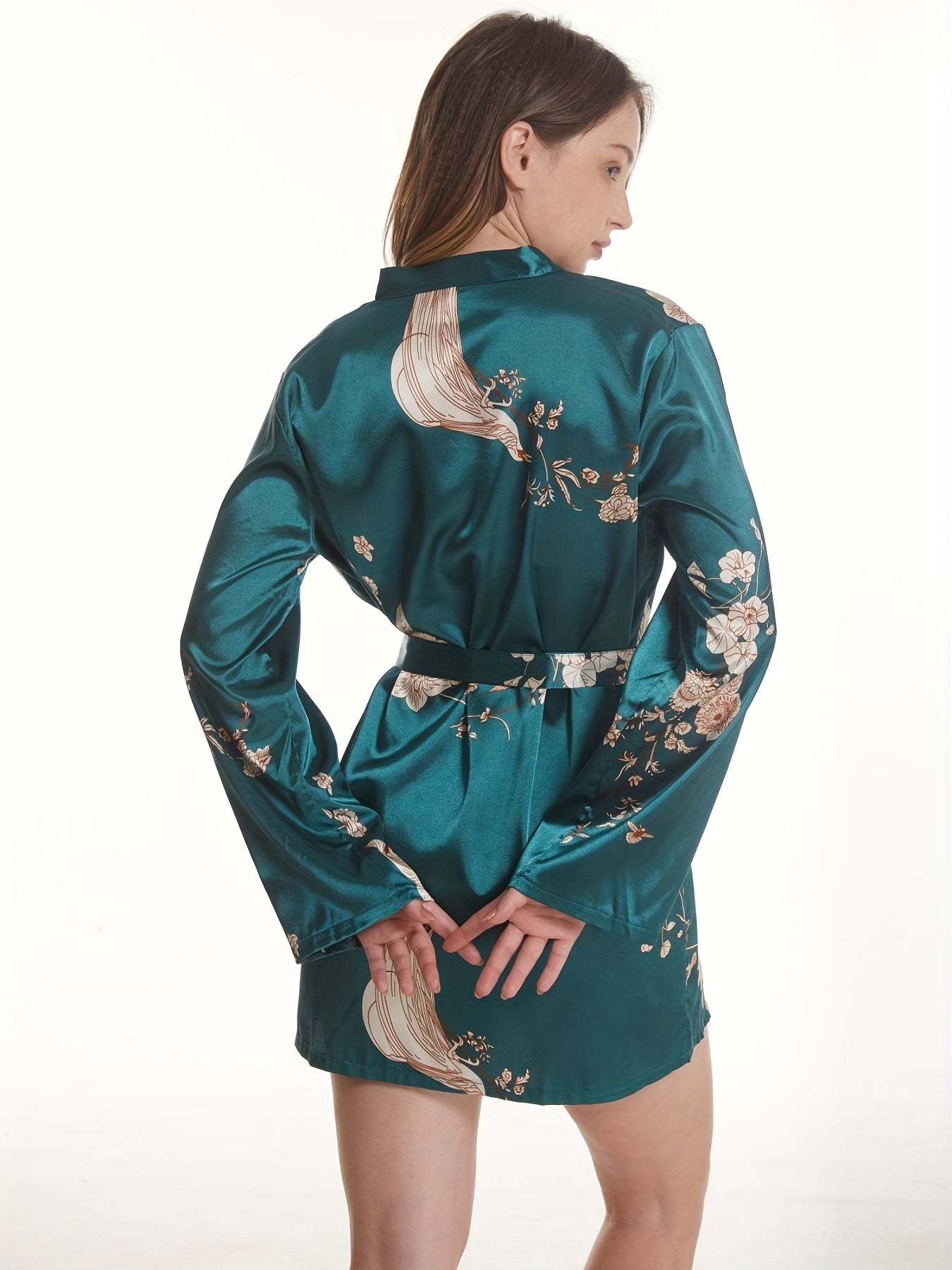 Floral Print Satin Night Robe Long Sleeve V Neck with Belt