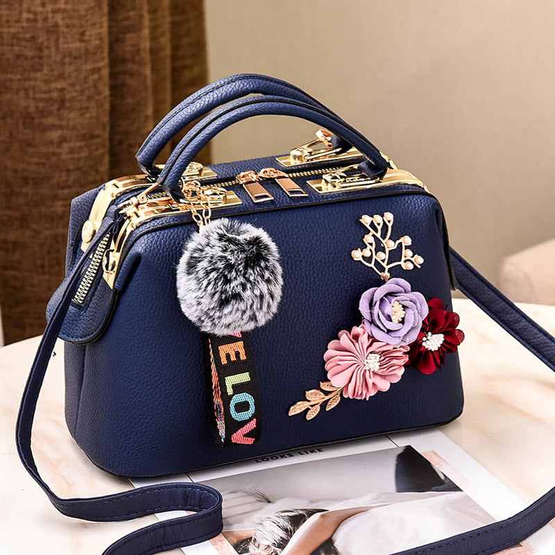 3D Floral Decor Handbag Faux Leather Crossbody Bag Women's Top Handle Purse