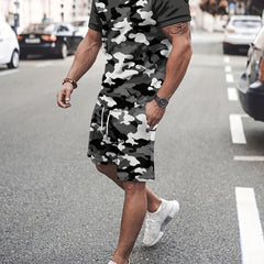 Camouflage Mens T-shirt & Drawstring Shorts Set Summer Outfit