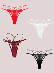Floral Embroidery Thongs Double Ribbon Mesh Panties