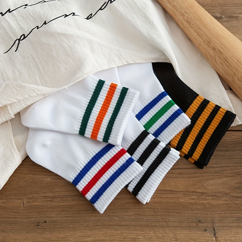 5 Pairs Striped Sports Socks Comfy Crew Socks Women's Stockings