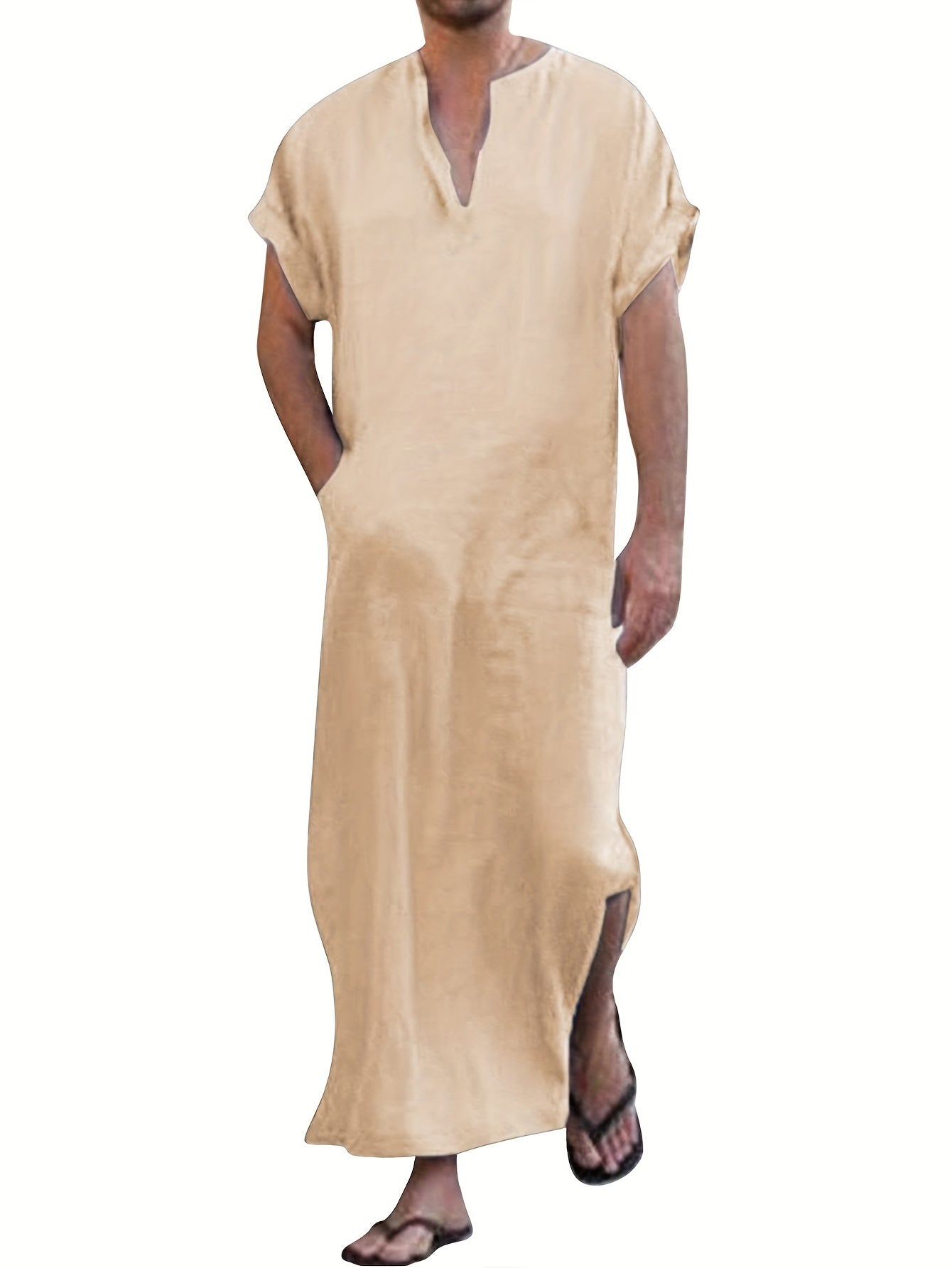 Vintage Islamic Arabic Kaftan For Men Long Sleeve V Neck Muslim Clothes