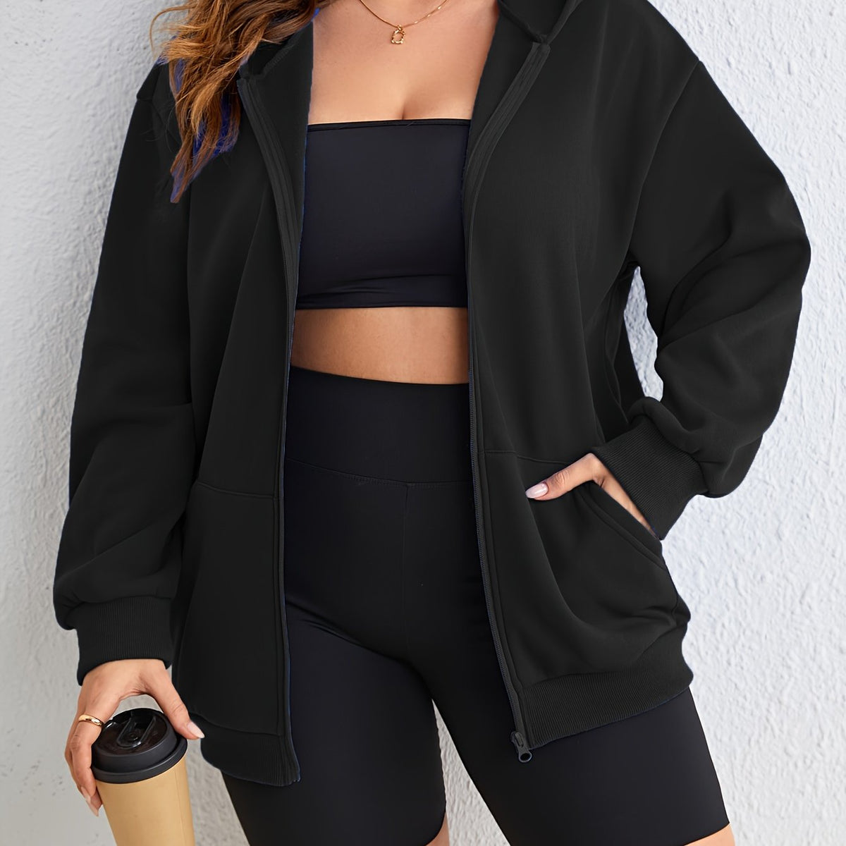  Long Sleeve Zip Hooded Coat with Pockets