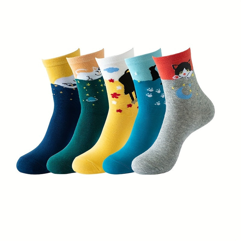 Moon & Cat Print Socks Soft Mid Tube Women's Stockings