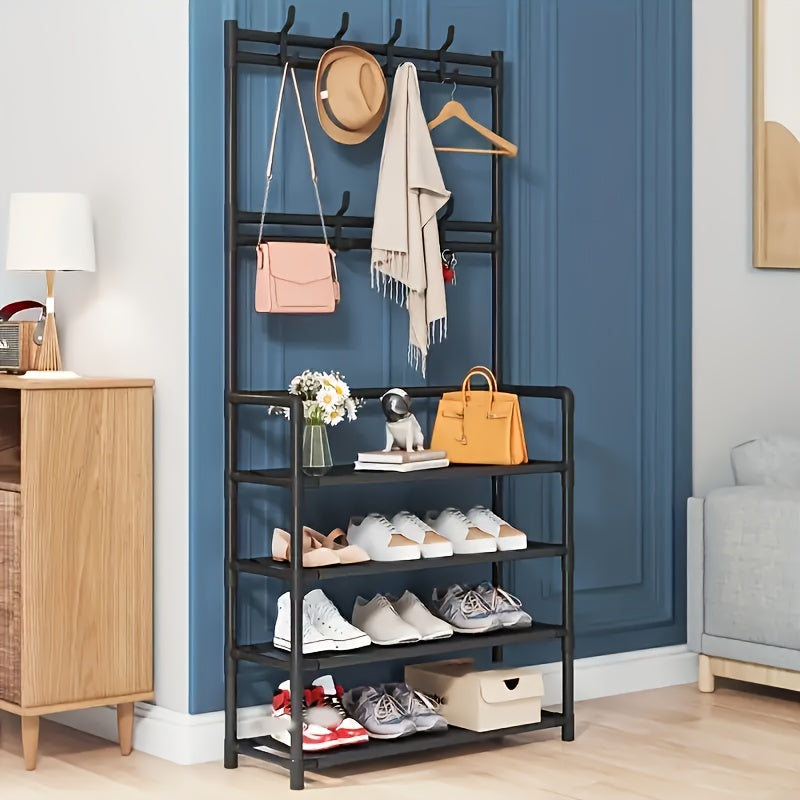 Entrance Coat Rack Foyer Shoe Rack w/ Storage Shelves & Hooks