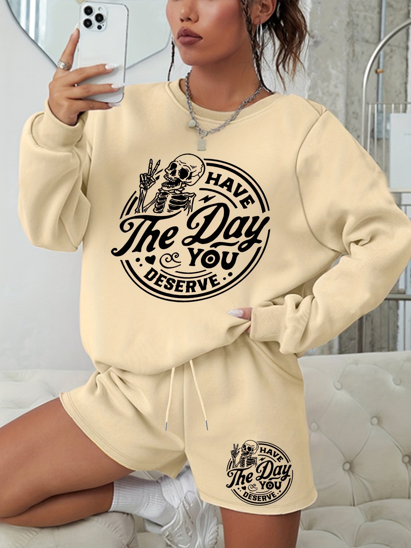  Halloween 2pcs Set Graphic Sweatshirt & Shorts Outfits