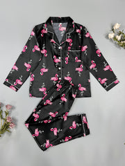 Flamingo Print Pajama Set Long Sleeve Top & Pants Women's Sleepwear