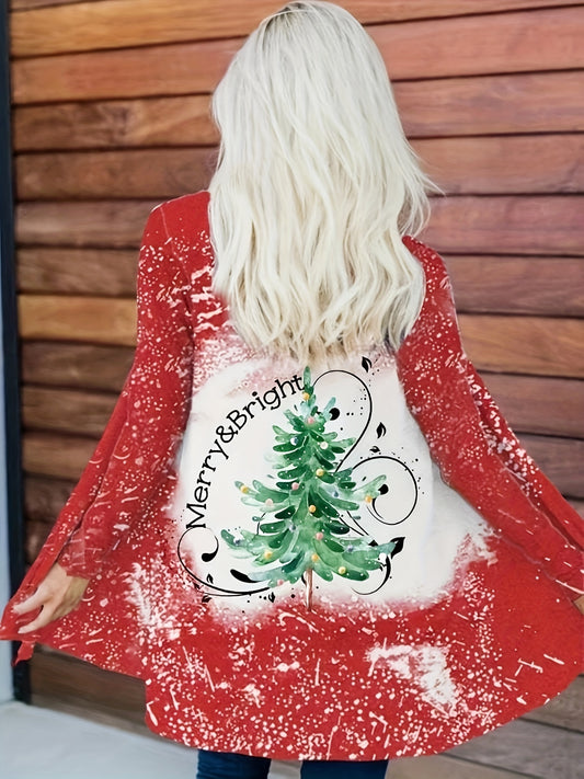  Christmas Casual Cardigan Women's Plus Tree & Letter Print