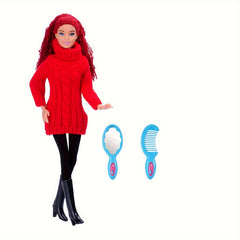 6pcs Doll Set: Turtleneck Sweater, Pants, Shoes, Comb, Mirror - 11.5 Inc