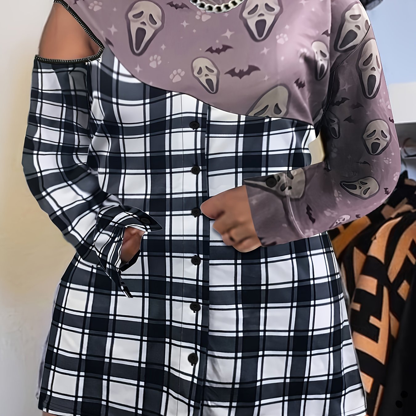  Colorblock Plaid & Skull Print Mock Neck Dress