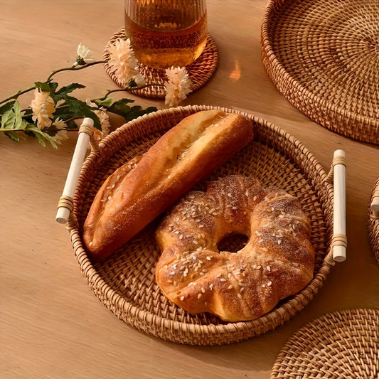 Rattan Serving Tray Double Ear Tea Tray Fruit Plate Bread Snack Basket