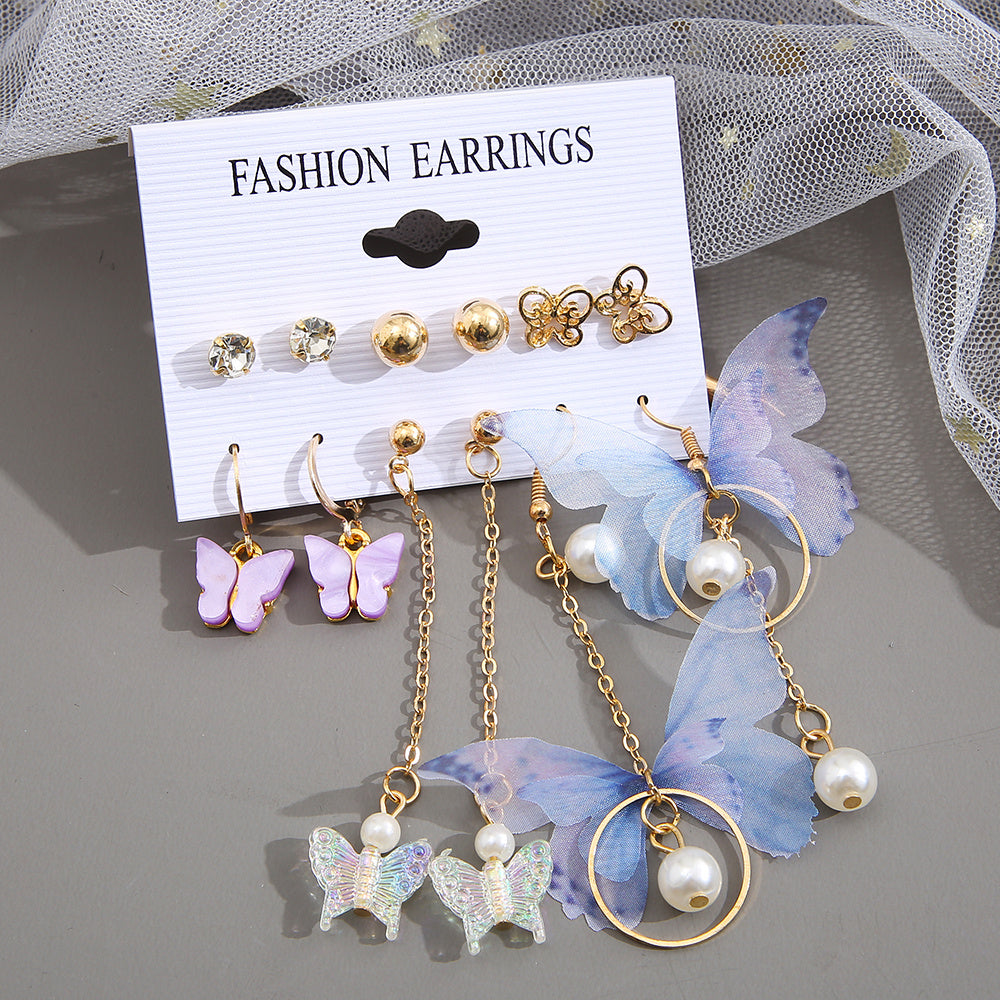 6 Pairs Butterfly Pearl Earrings Set