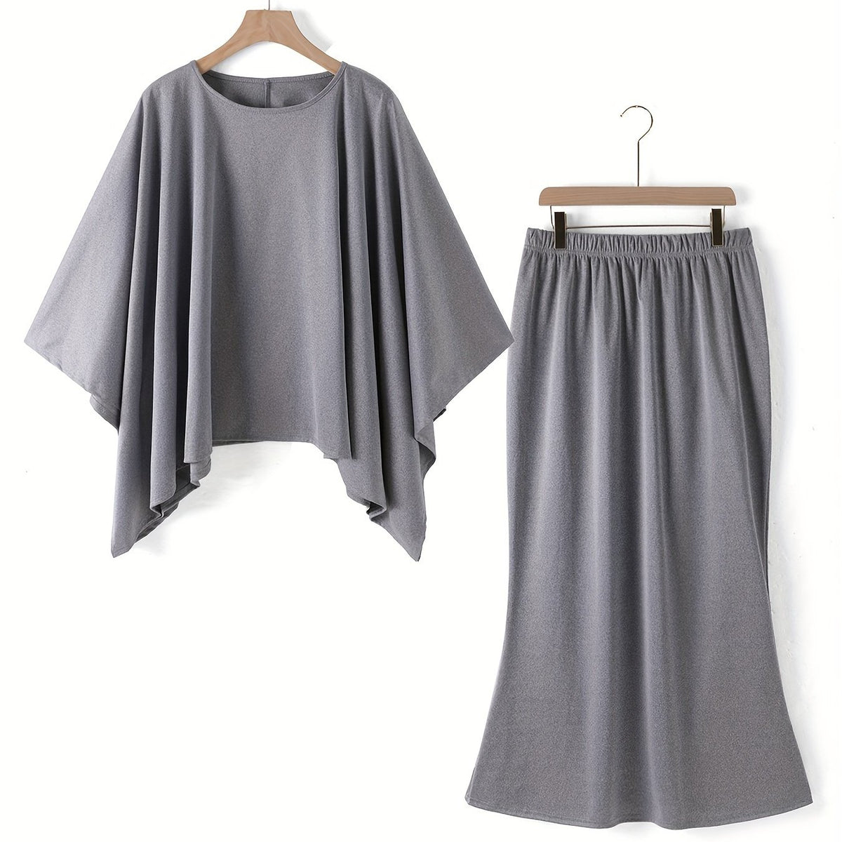  Women's Solid Bat Sleeve Top & Skirt Set
