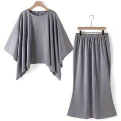  Women's Solid Bat Sleeve Top & Skirt Set