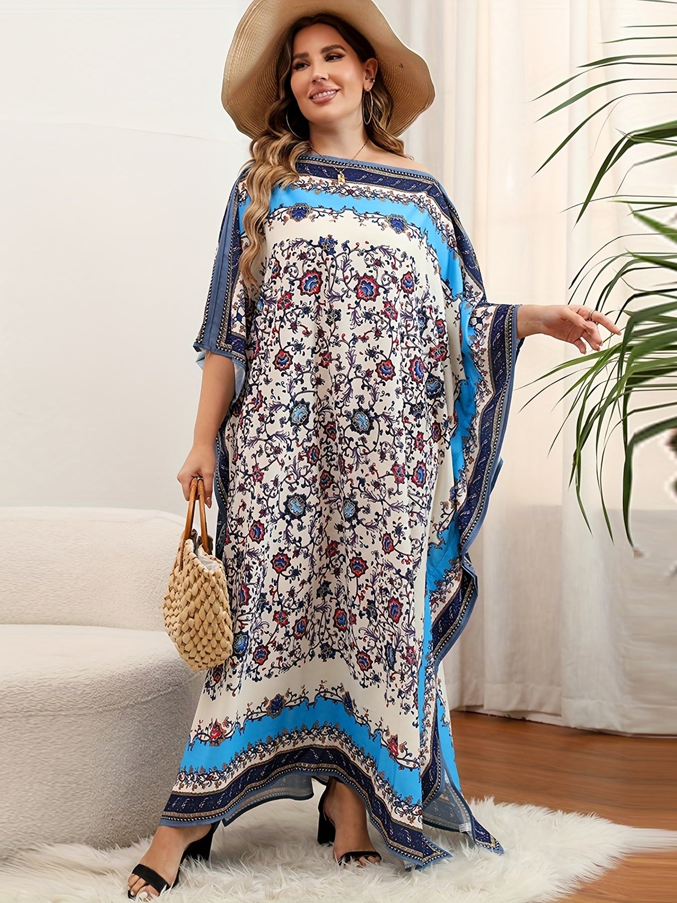  Boho Cover Up Dress Women's Plus Colorblock Floral Print Bat Sleeve V