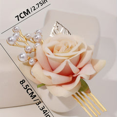 Rose & Faux Pearl Decor Hair Comb Hair Pin Wedding Headwear