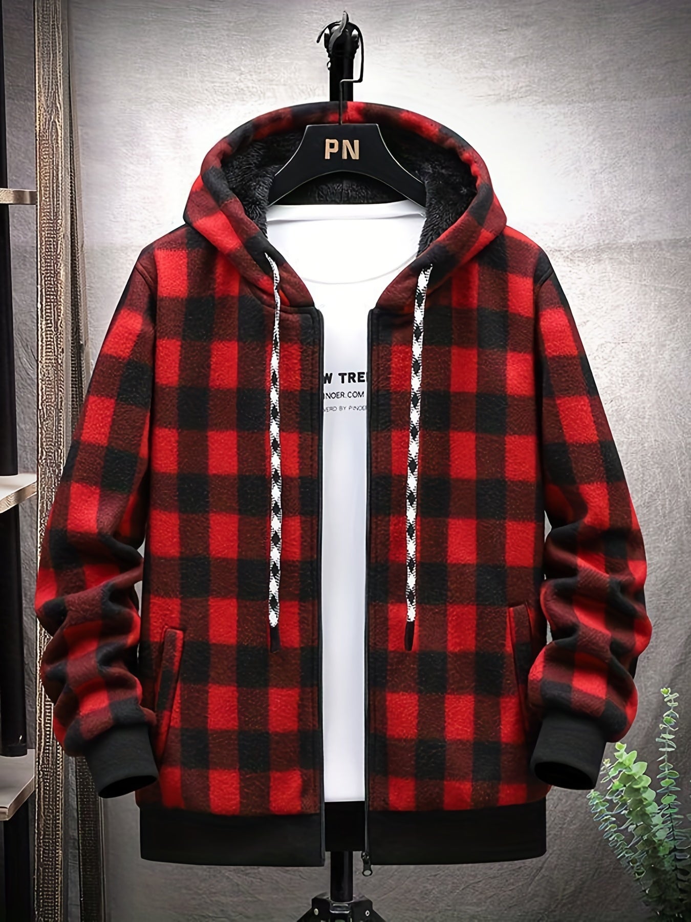 Vintage Plaid Hooded Jacket Men's Zip Up Coat Fall Winter