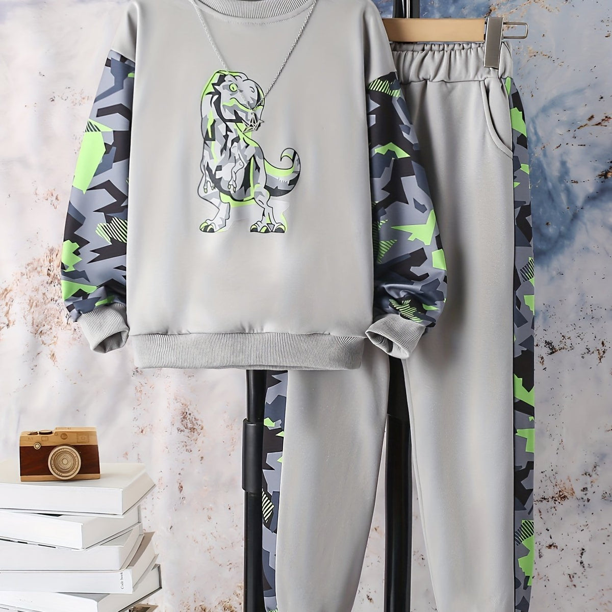 Geometric Dino Boy's Sweatshirt & Sweatpants Set For Kids