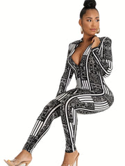 Striped Zip Up Slim Jumpsuit Long Sleeve Women's Clothing