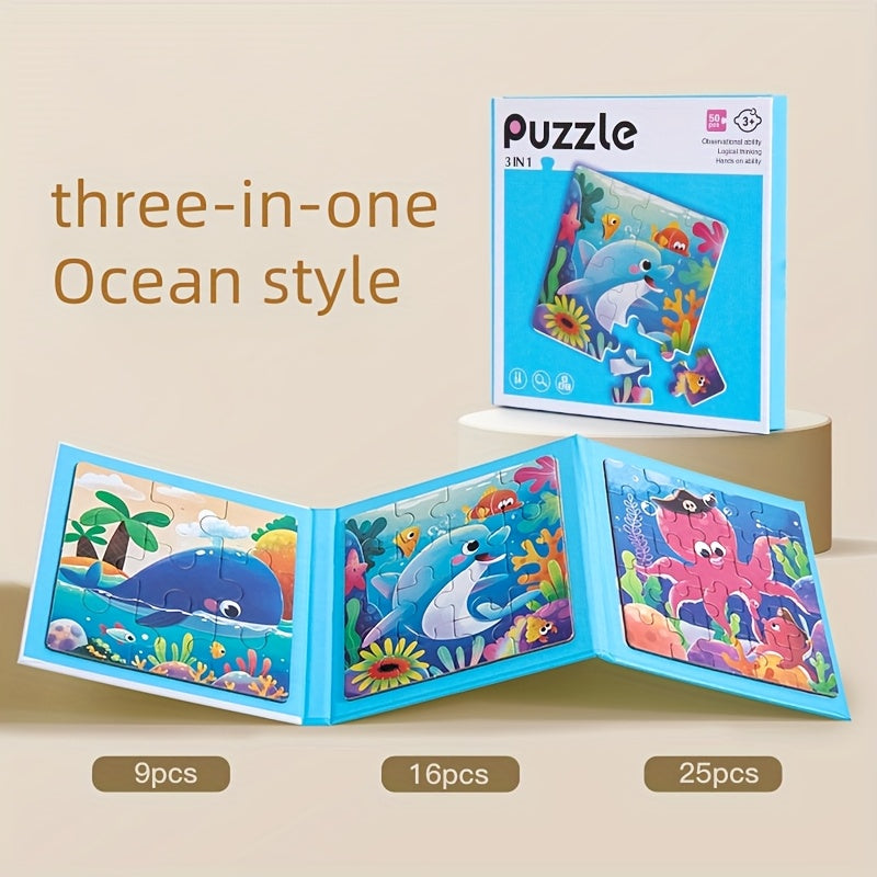 Advanced 3-in-1 Puzzle Book: Ocean Animals, Transportation, Dinosaurs