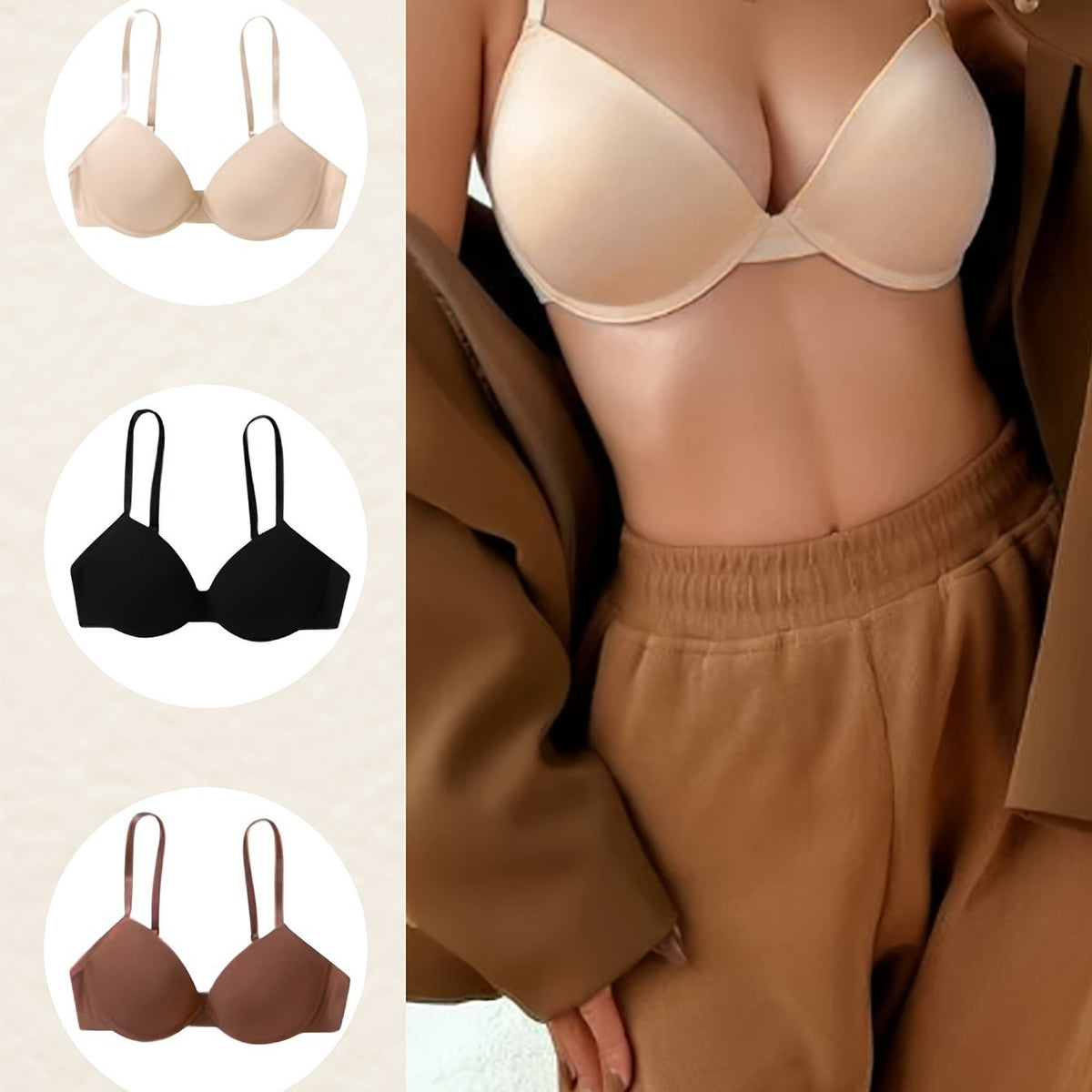 3pcs Solid T Shirt Bras Comfy Push Up Bra Women's Lingerie