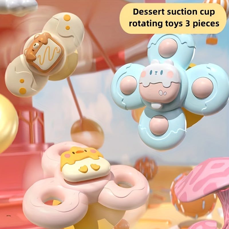 3 Packs Dessert Cartoon Animals Suction Cup Rotating Toys for Toddlers