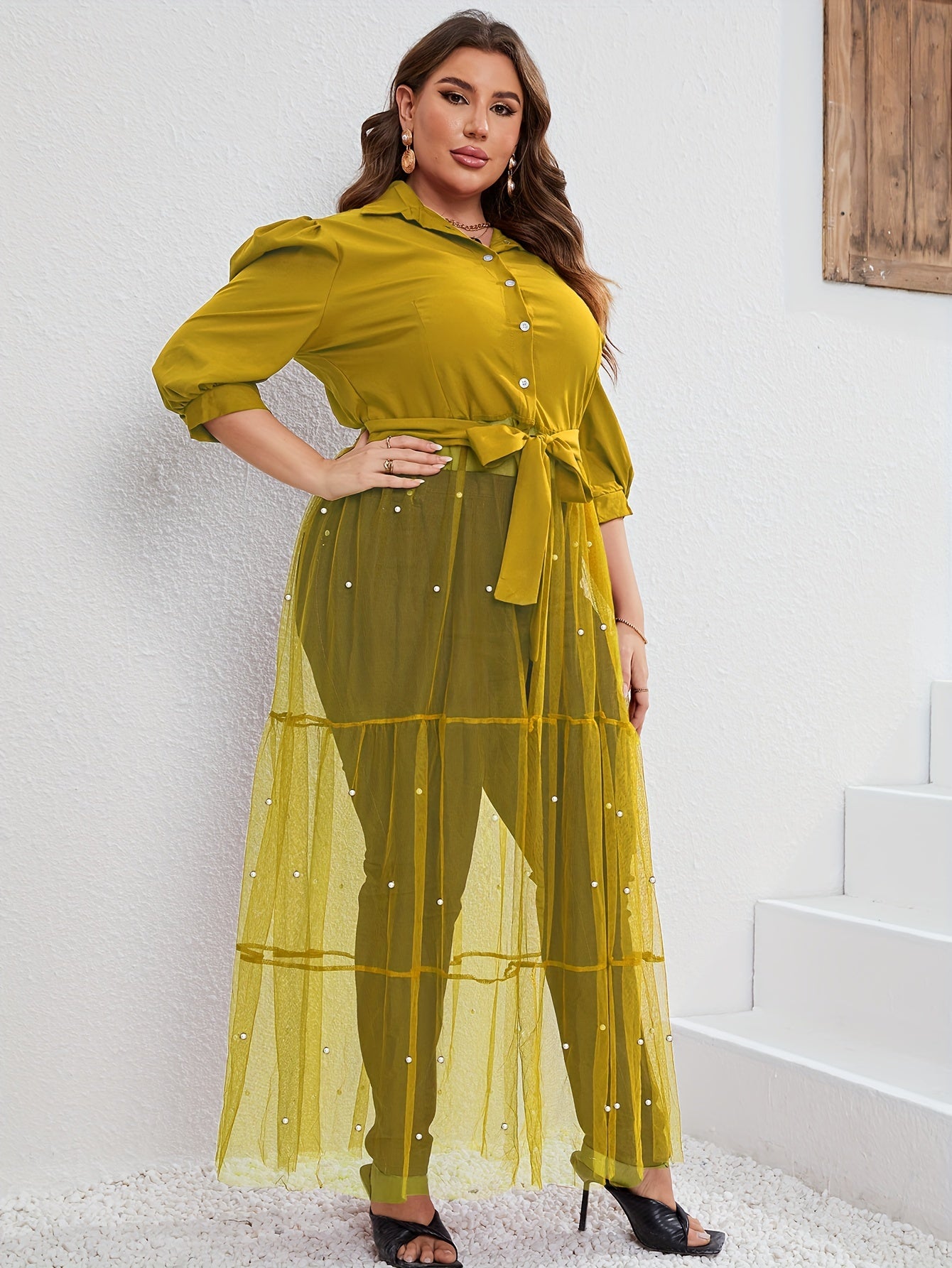  Bubble Sleeve Mesh Dress with Faux Pearl Buttons