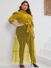  Bubble Sleeve Mesh Dress with Faux Pearl Buttons
