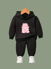 Kids 2pcs Piggy Family Print Hooded Pullover Pants Set For Spring Fall