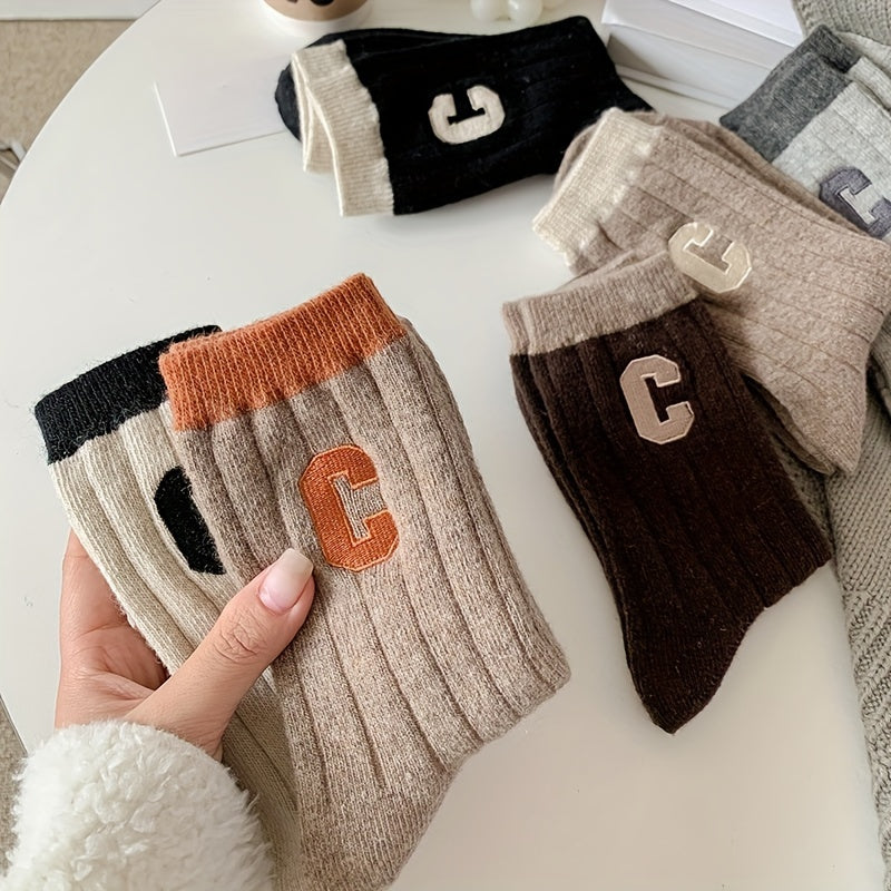 3 Pairs Letter Pattern Colorblock Socks Soft Mid Tube Women's Stockings