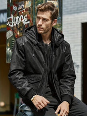 Men's Faux Leather Motorcycle Jacket Stand Collar with Hood