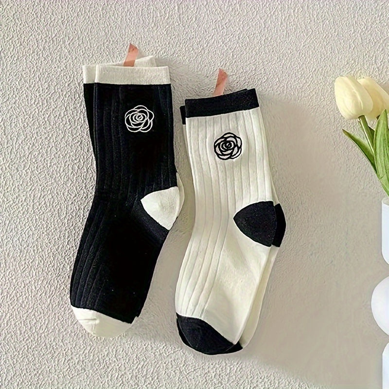 5 Pairs Floral Print Socks Comfy & Breathable Women's Mid Tube Stockings