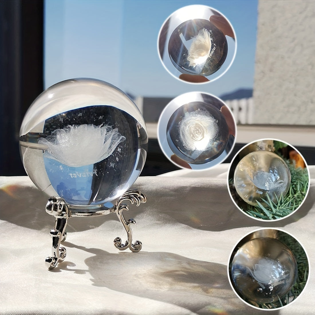 2.4 Inch Laser Rose Crystal Ball Statue Decor