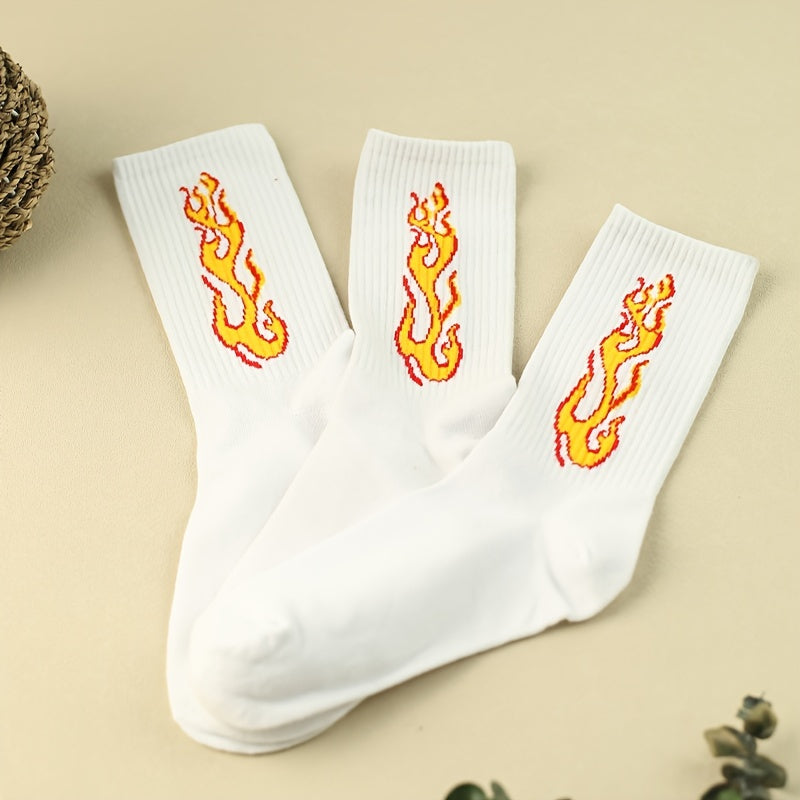 3 Pairs Flame Print Socks Comfy & Breathable Women's Mid Tube Stockings