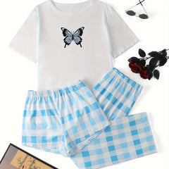  Butterfly Print Tee & Plaid Shorts Set
