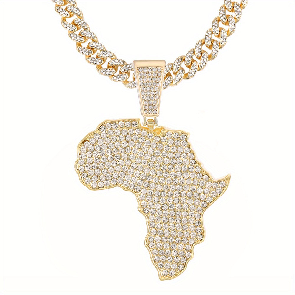Men's Zircon Inlaid Map Pendant with Cuban Chain Necklace