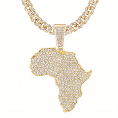 Men's Zircon Inlaid Map Pendant with Cuban Chain Necklace