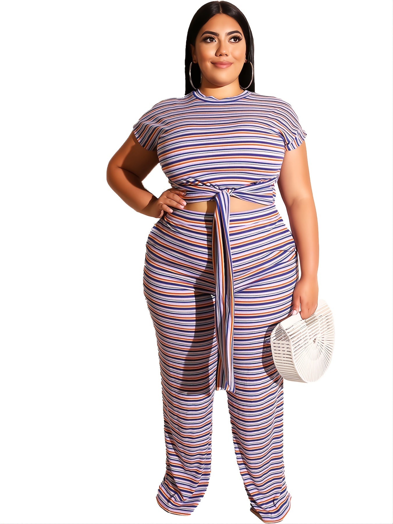  Striped Top Knot Front & Straight Leg Pant Set Co-ords