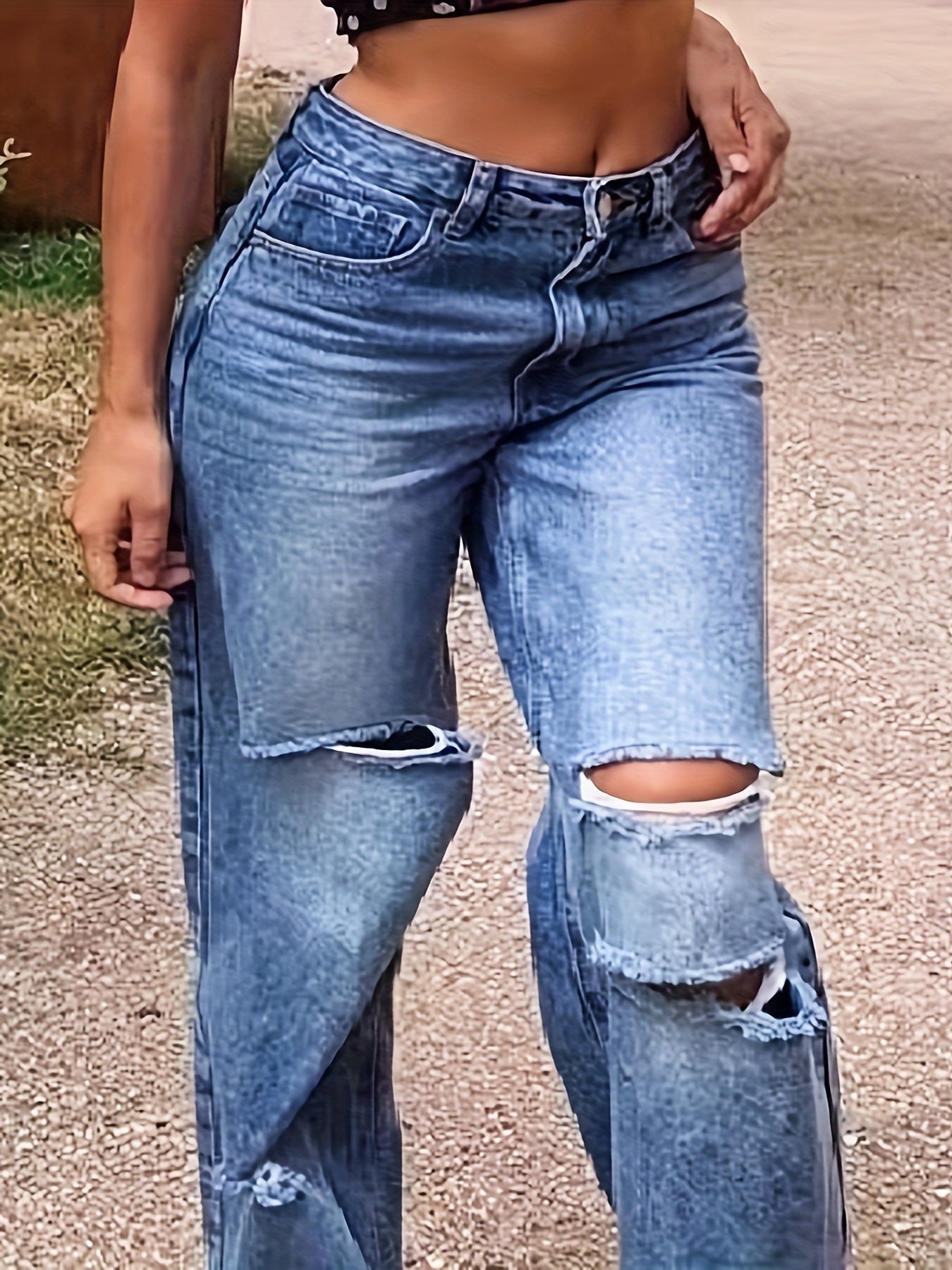 Ripped Button Fly Straight Leg Washed Jeans