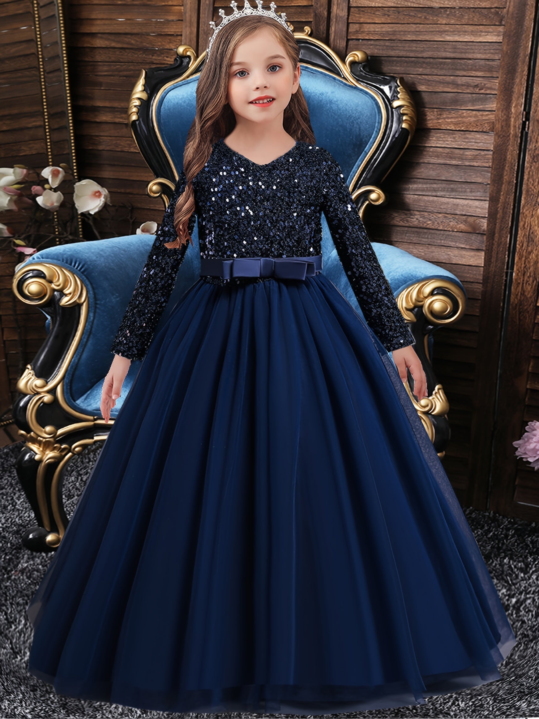 Girls Long Sleeve Tulle Sequined Ball Gown Dress