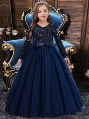 Girls Long Sleeve Tulle Sequined Ball Gown Dress