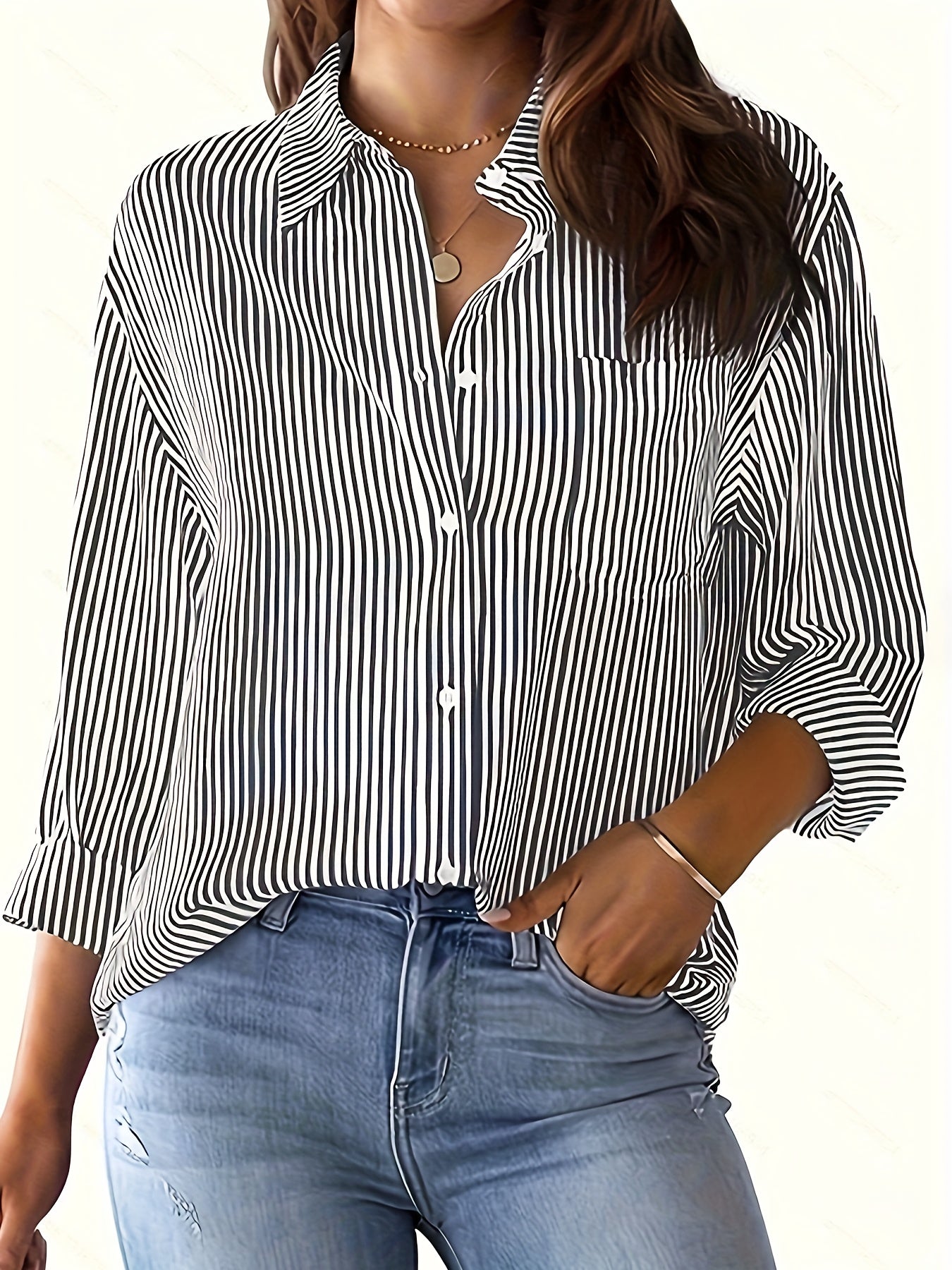  Stripe Print Long Sleeve Button Up Shirt