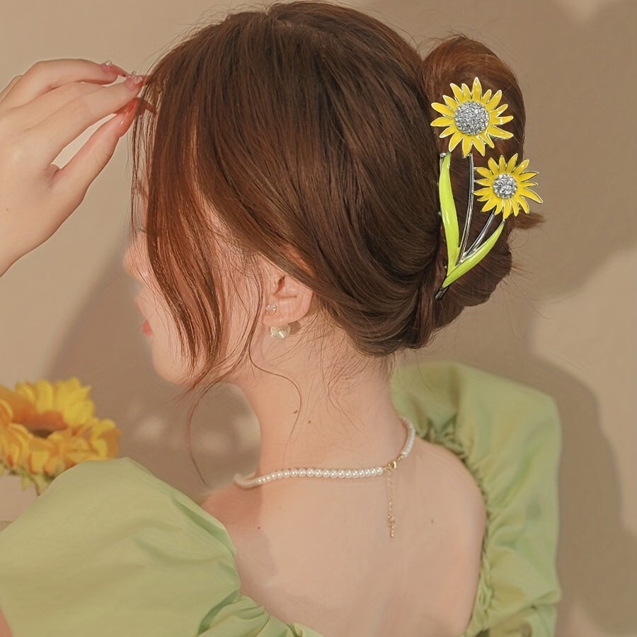 Sun Flower Rhinestone Hair Claw Back Head Clip Sense Shark Claw Flower Headwear